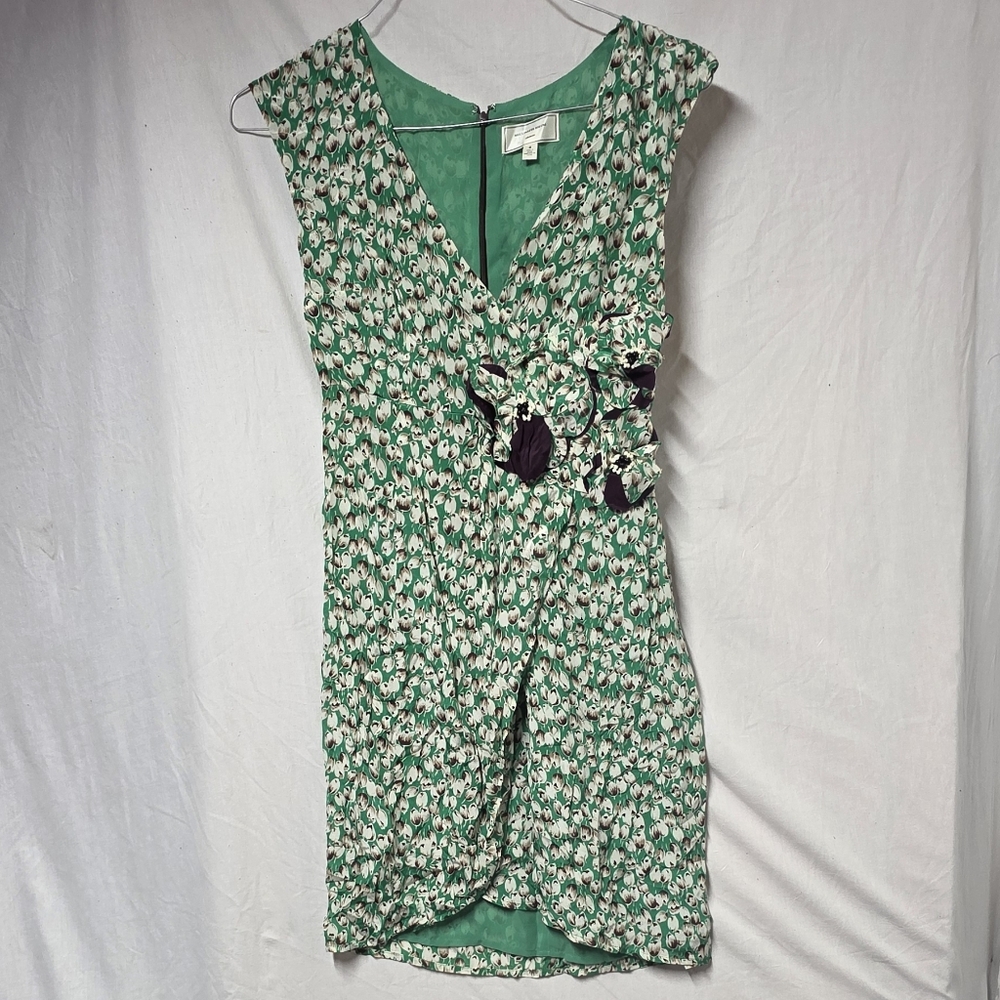 Moulinette Soeurs Green 100% Silk Tulip Flower Accent Cap Sleeve Dress Size 0